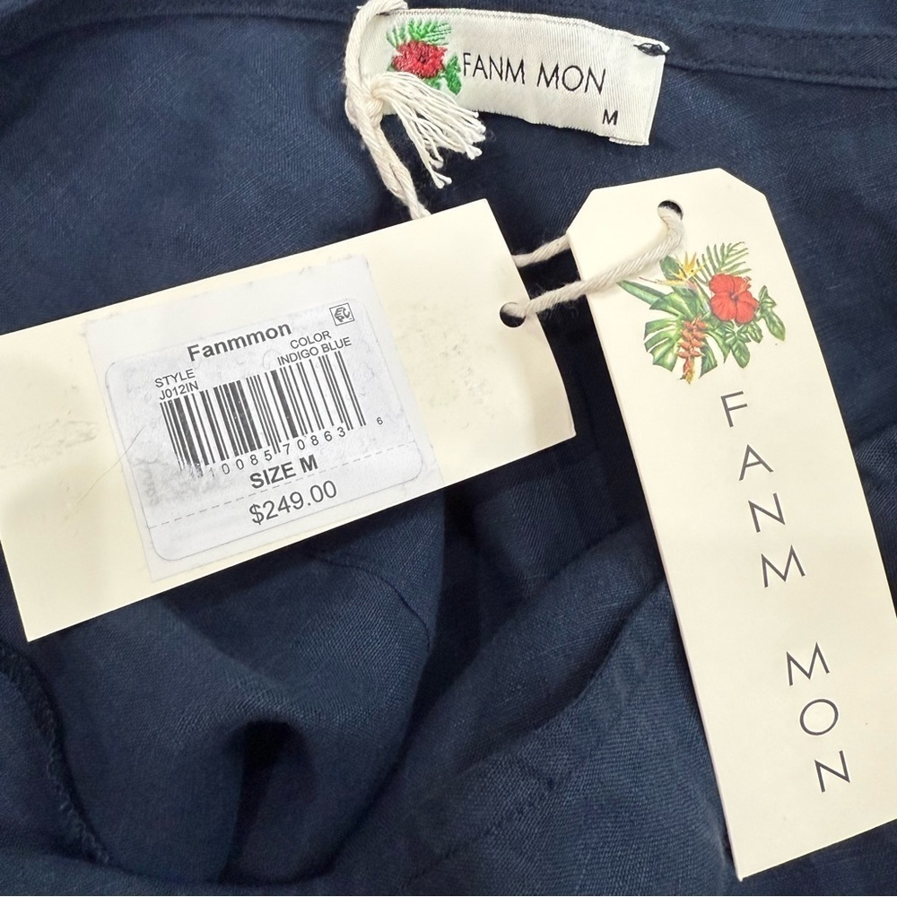 Fanm Mon Navy Flame Linen One Sleeve Ruffle Hem Floral Embroidery Mini Dress NWT - Picture 14 of 15